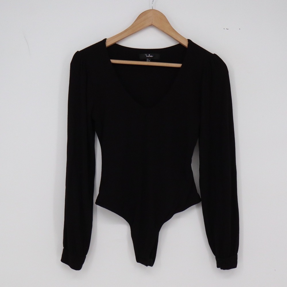 Lulus Bodysuit Womens S V-Neck Long Sleeve Black Bishop Sleeve Excellent